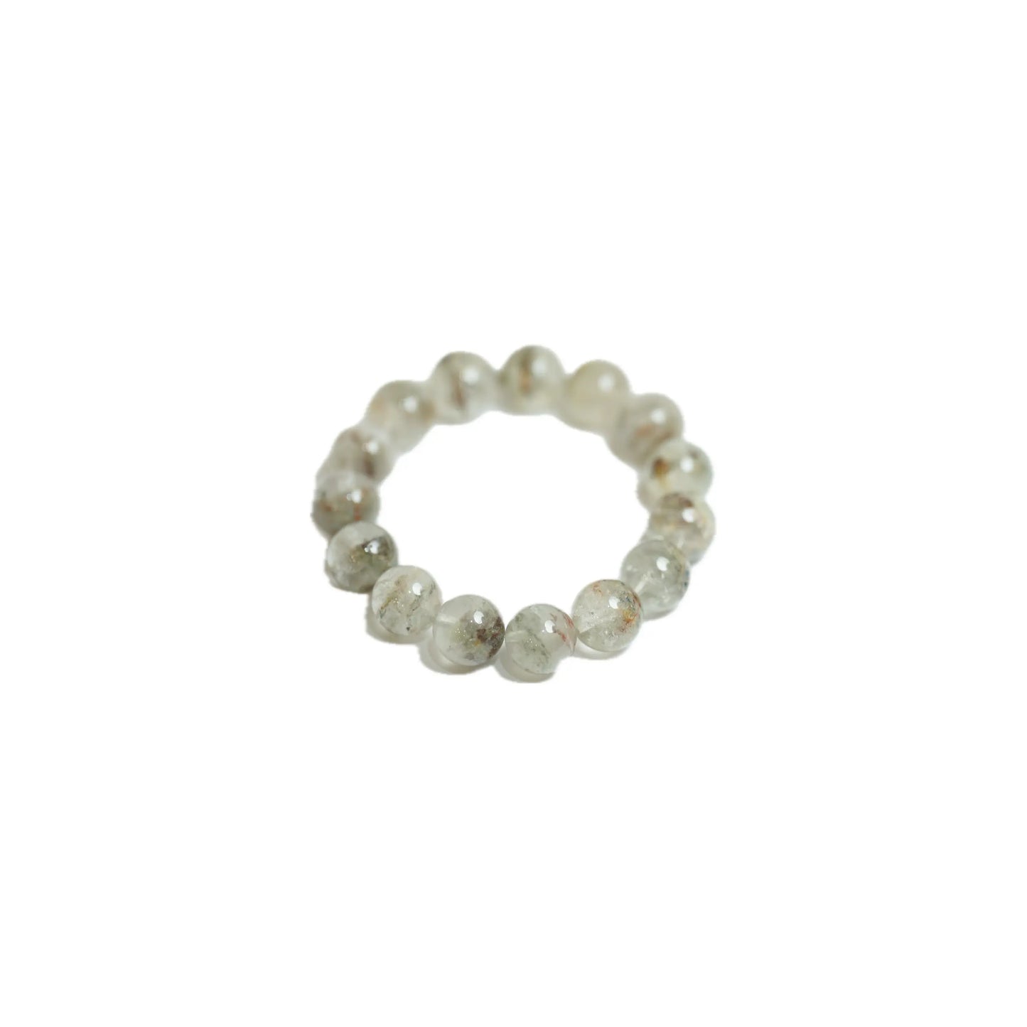 Angled product shot of the substantial 18mm Green Phantom Quartz gemstone bracelet, showcasing the volumetric dreamlike landscapes captured within each natural bead, curated for abundance and mindful luxury by Singoau