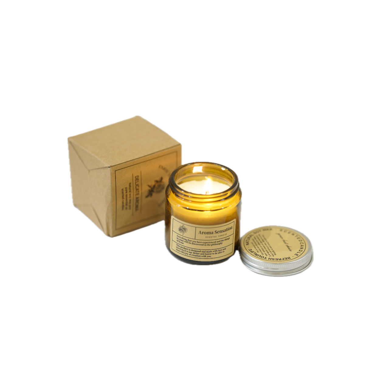 Handmade natural soy candle in amber glass jar with cotton wick and kraft box packaging – eco-friendly aromatherapy candle for home and gift use