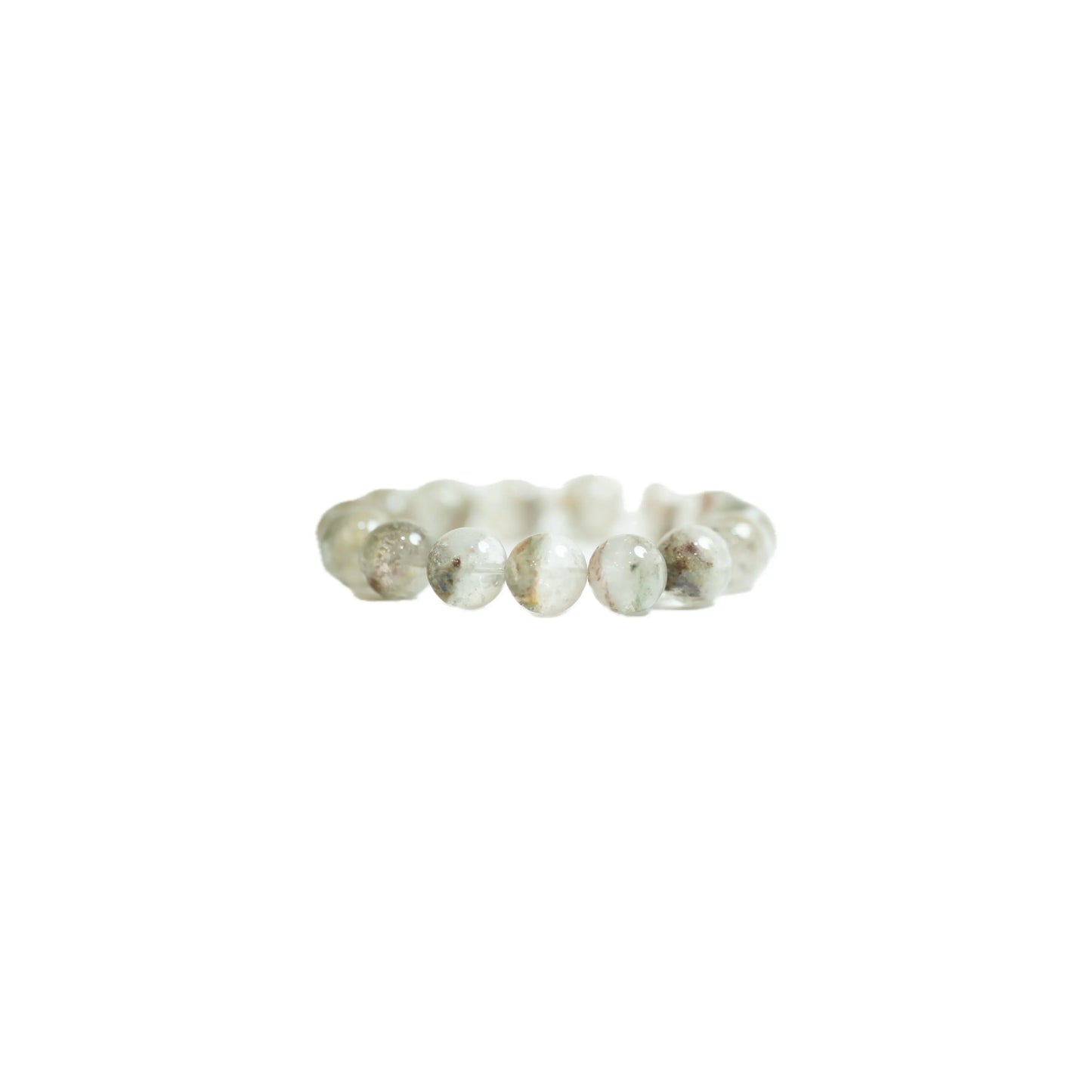 Straight-on profile view of the premium 18mm scenic Green Phantom Quartz bracelet against a crisp white background with a soft shadow, illustrating its strong presence and stabilizing energy for meditation and daily mindfulness at Singoau.