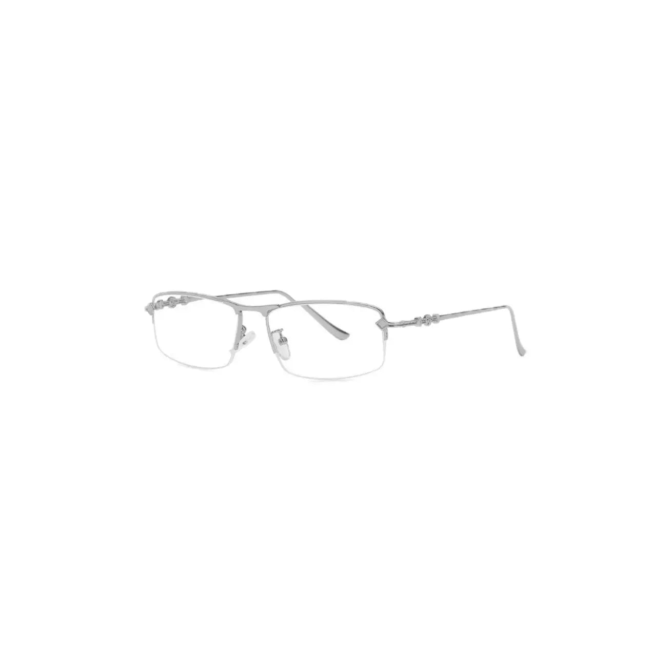 Sleek, silver-framed eyeglasses with clear lenses, showcasing a minimalist design and decorative details on the temples.