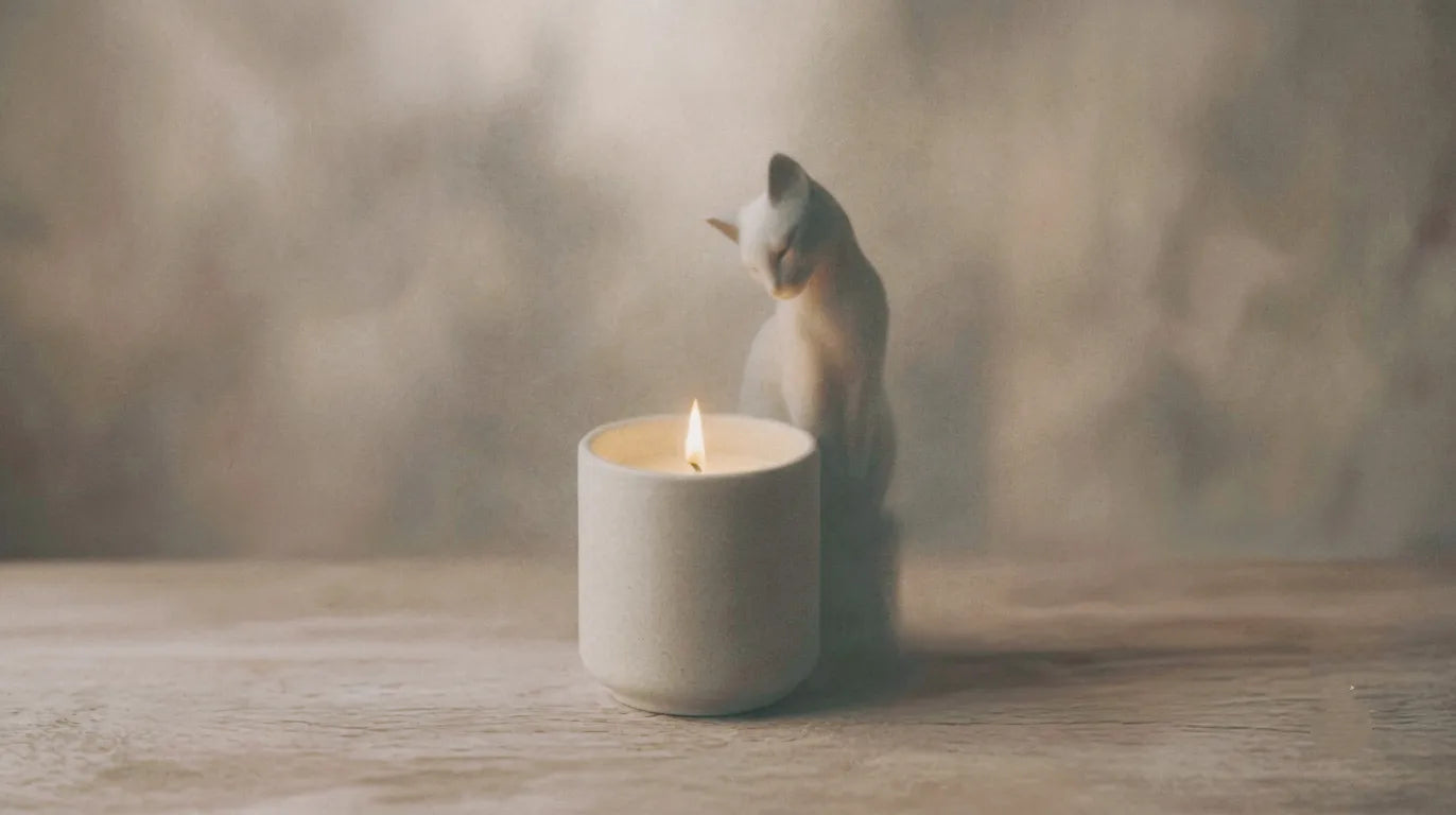 Cat sitting next to a lit candle on a wooden surface with a blurred background