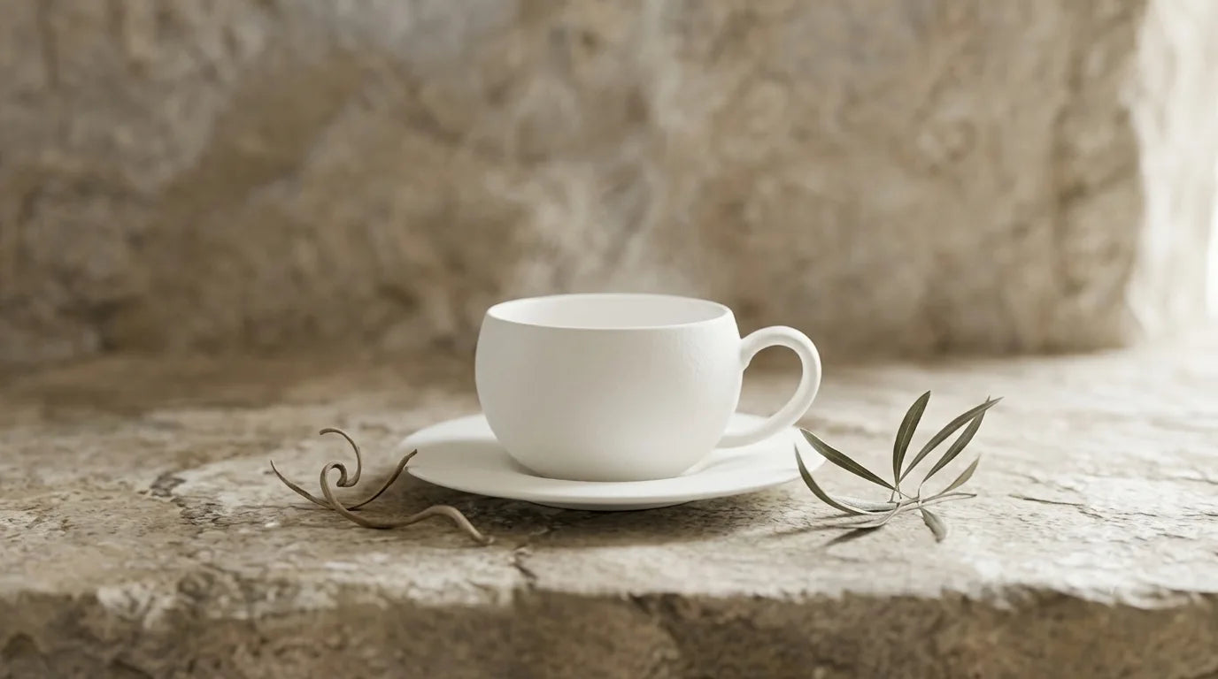 White ceramic cup on matching saucer placed on textured stone surface with dried twigs and leaves nearby.