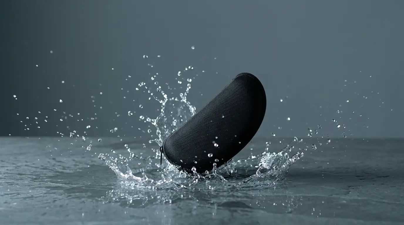 Black zippered case splashing into water on a smooth surface with droplets flying against a gray background.