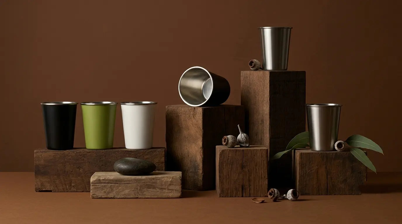 Three metal cups in black, green, and white on wooden blocks with additional empty metal cups, acorns, leaves, and stones on a brown background.