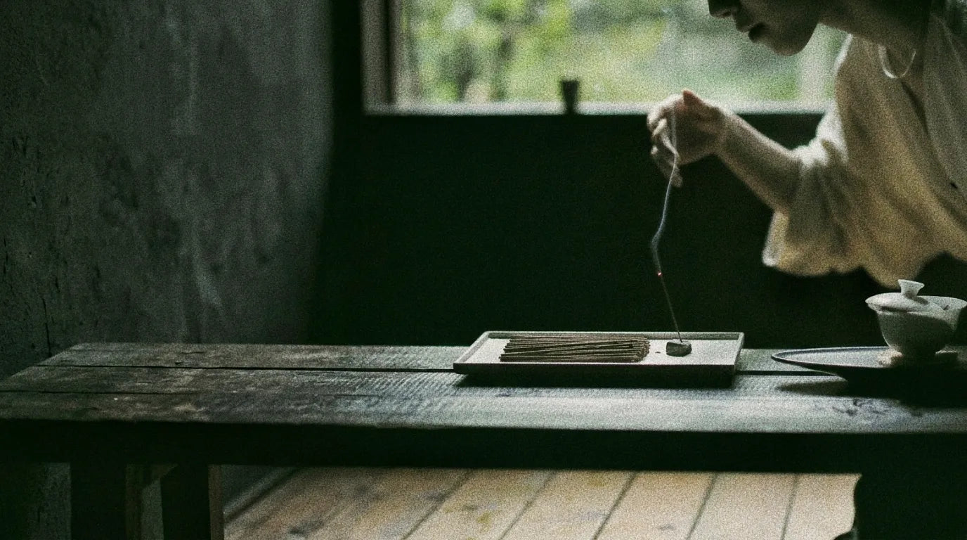 Person lighting incense sticks on a tray placed on a rustic wooden table near a window with soft natural light.
