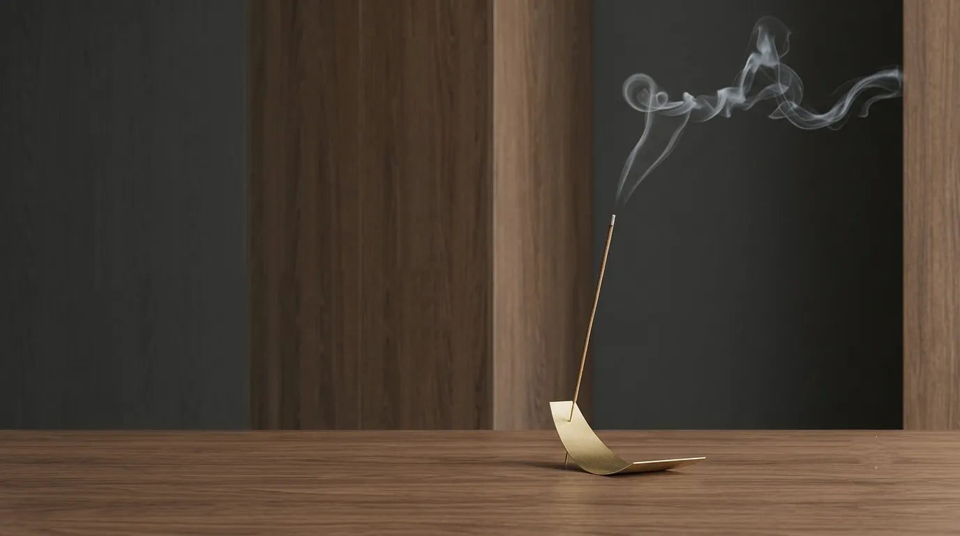 Incense stick with smoke on a wooden surface against a dark background.