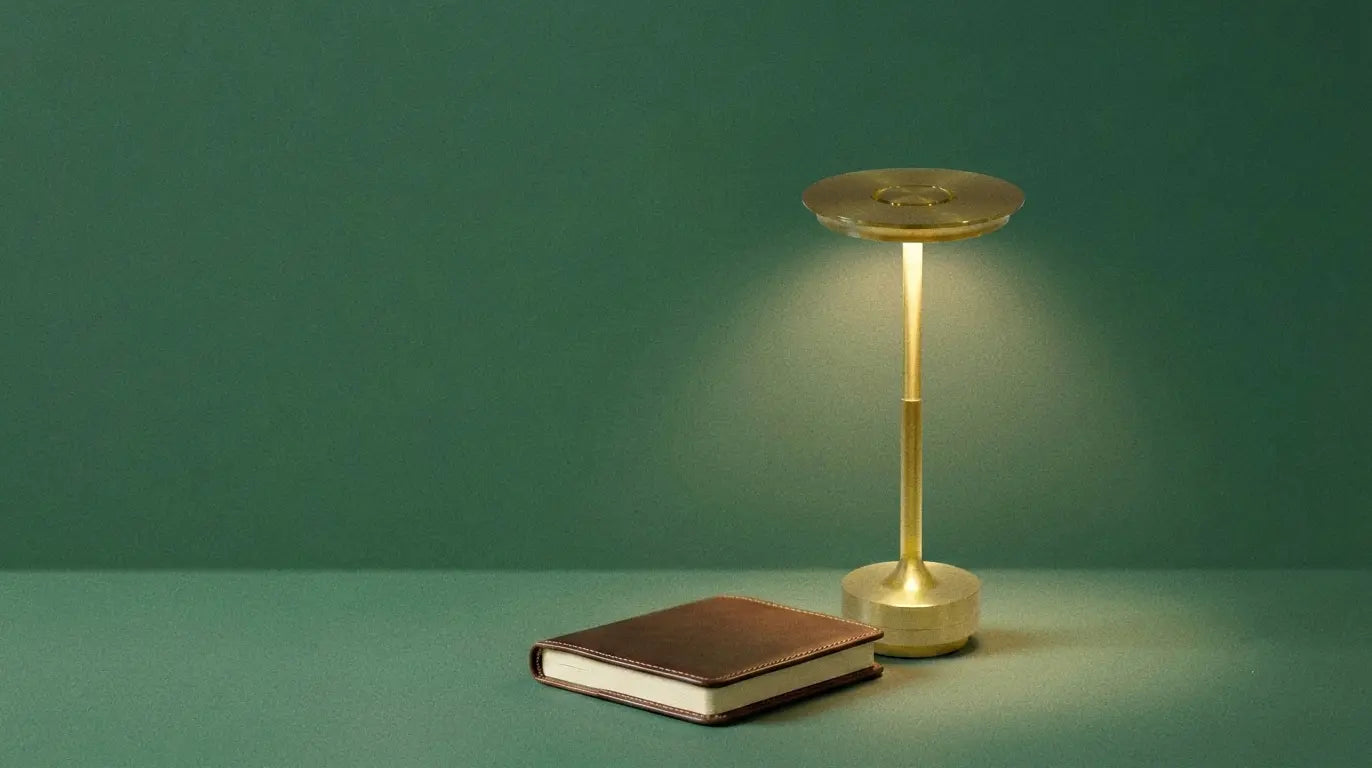 Brass table lamp illuminating a closed brown leather-bound book on a green surface and background.
