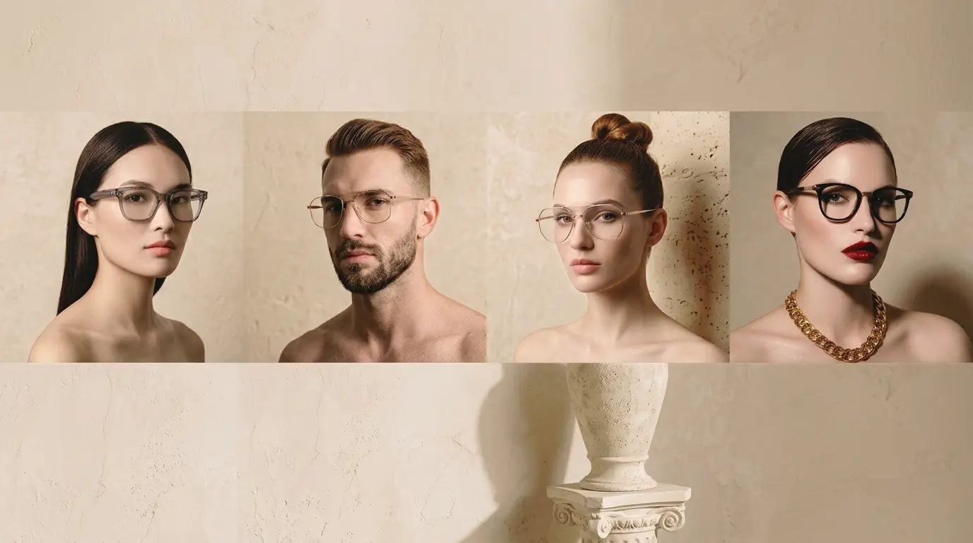 Four individuals with blurred faces posing against a beige textured wall, two wearing glasses and one wearing a gold chain necklace.