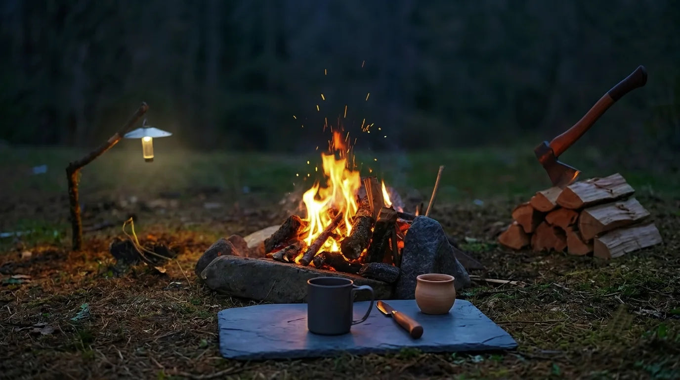 Campfire with cooking utensils and a mug in a forest setting