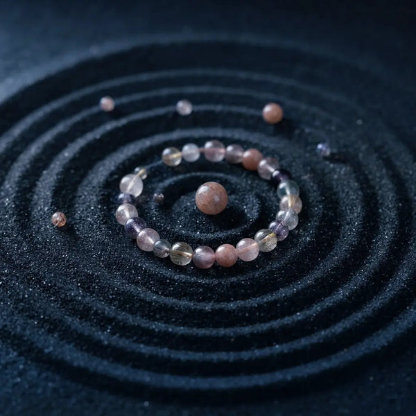 A central large sphere surrounded by smaller polished stones arranged in concentric circles on textured dark sand.