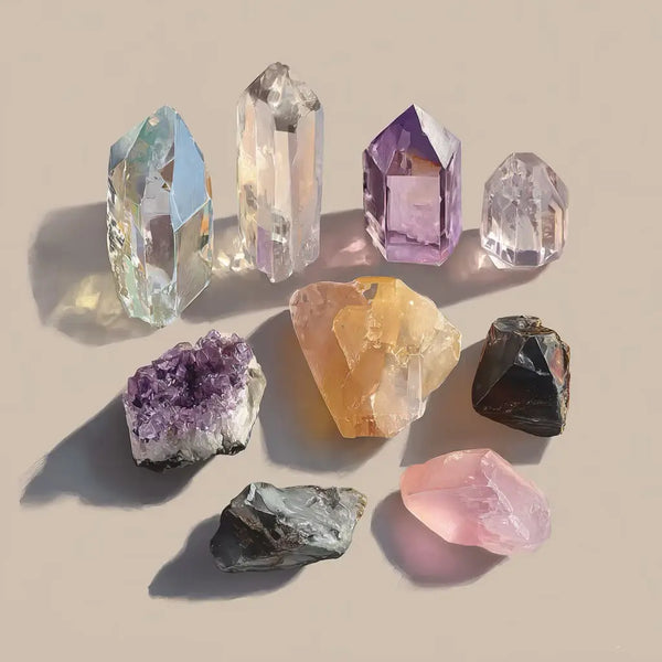 A collection of colorful polished crystals and raw gemstones arranged on a light beige surface casting soft shadows.