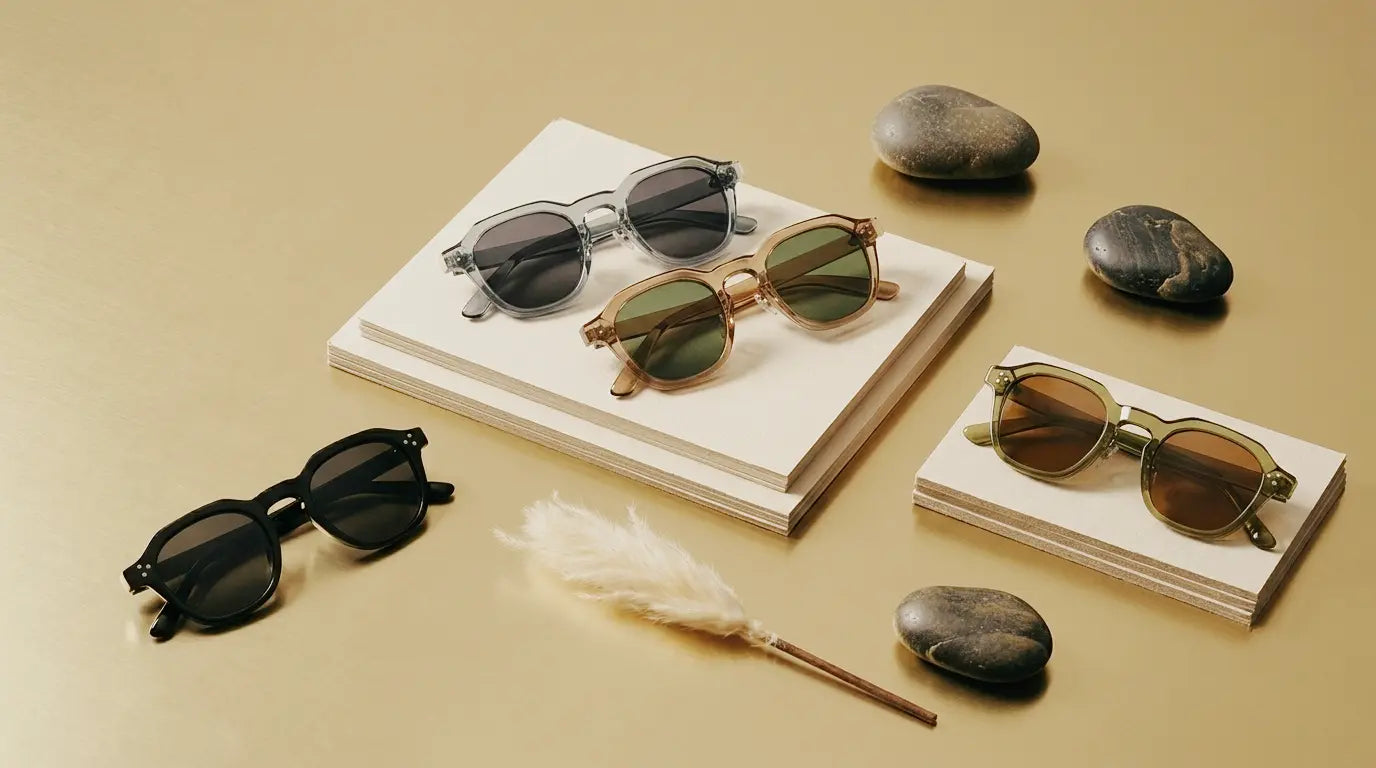 Sunglasses on books with stones and a feather on a beige background