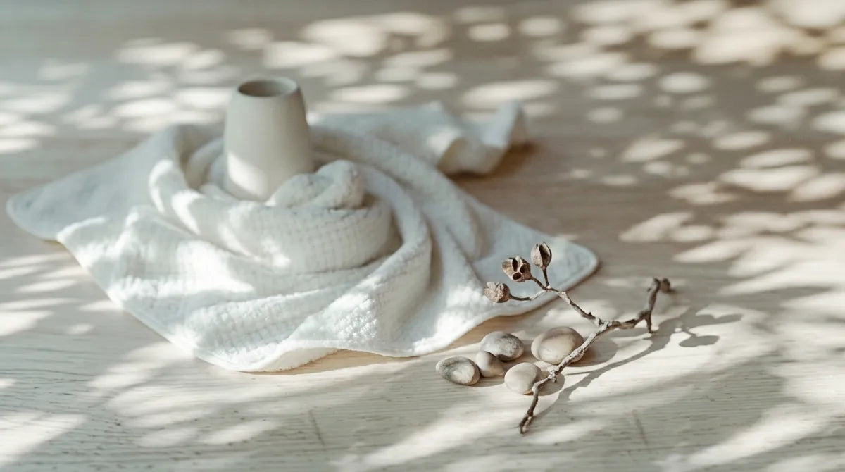 White towel with a vase and dried branches on a wooden surface