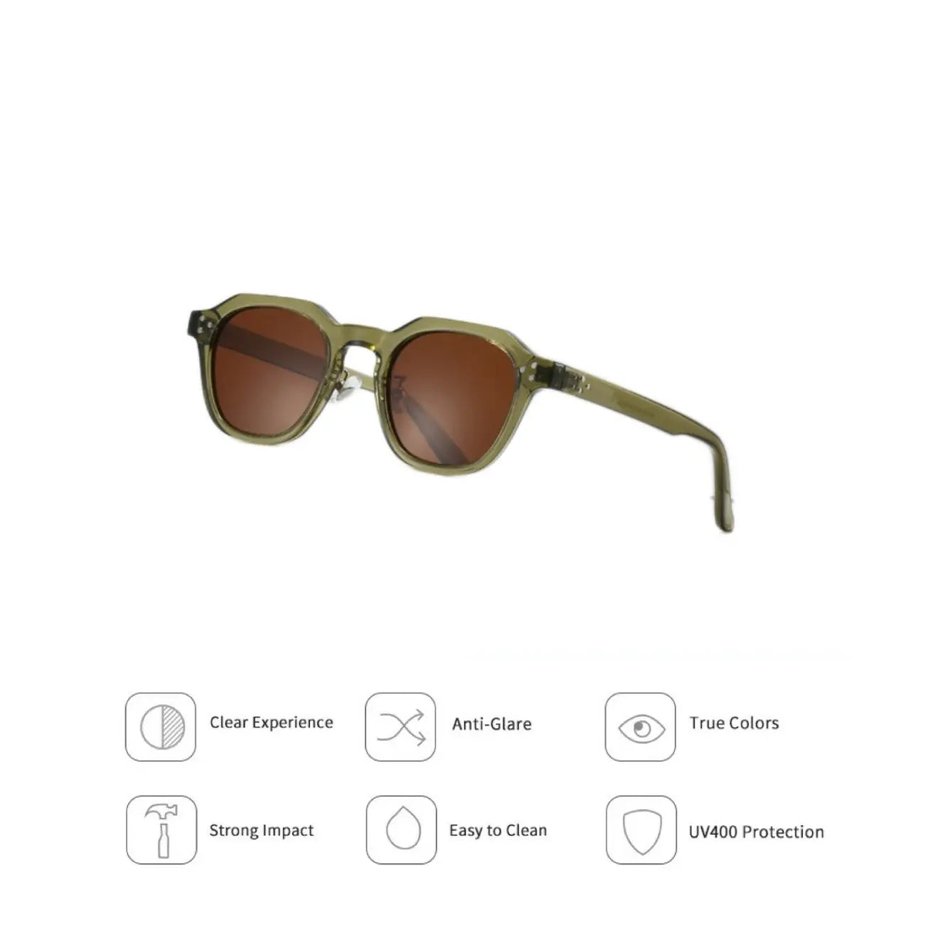 Sunglasses with green frame and brown lenses on a white background, featuring icons and text about product features.