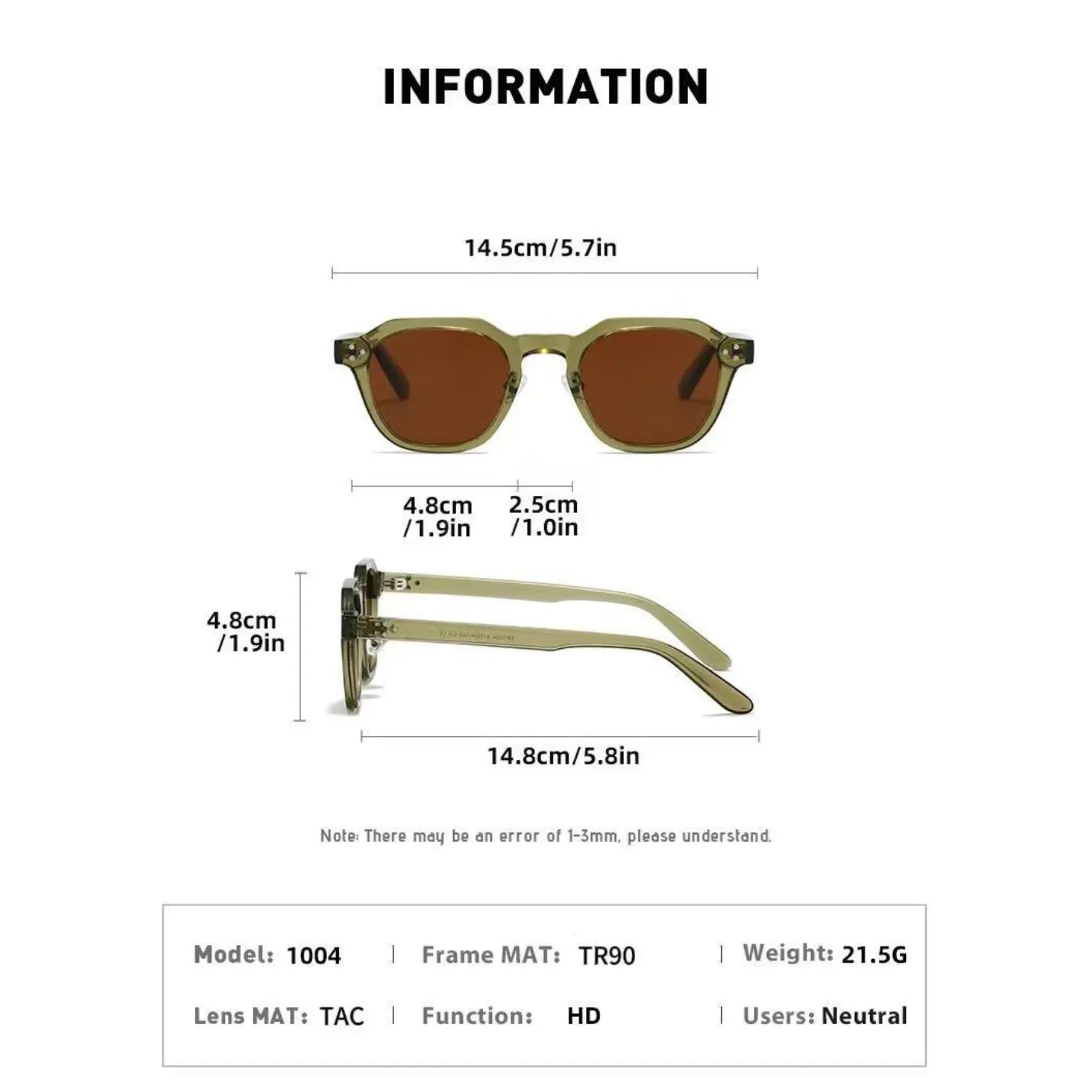 Sunglasses with dimensions and specifications on a white background