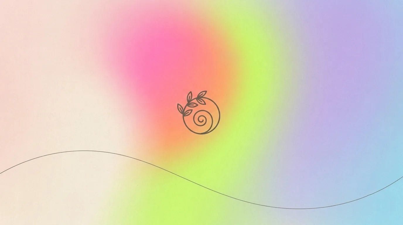 Colorful gradient background with a minimalist design of a circle and leaves.