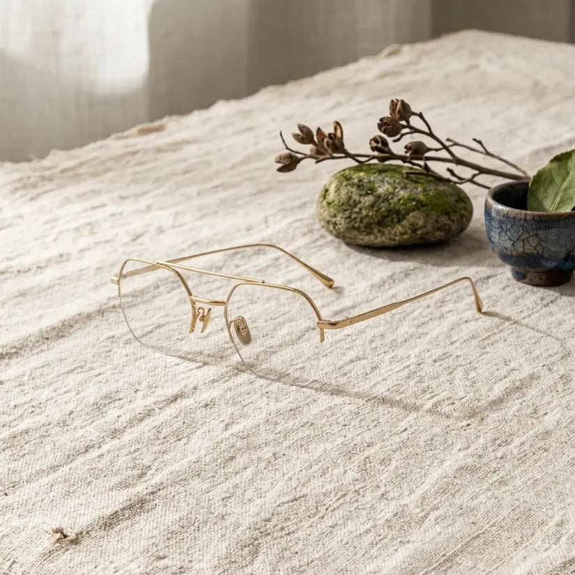 Gold-rimmed eyeglasses rest on a textured linen cloth beside a mossy stone, dried branch, and blue ceramic cup.