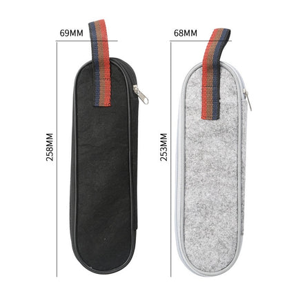Two zipper dining cases, one black and one gray, displayed side by side with dimensions labeled above each case.