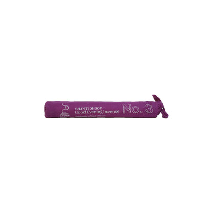 The purple 'NO. 3 Good Evening Incense' tube, featuring natural barks and juniper for evening introspection, deep meditation, and preparing for restful sleep at Singoau.