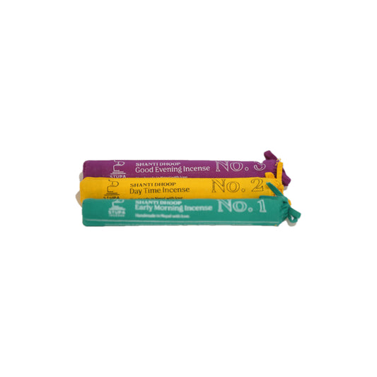 A centralized view of the three STUPA Trilogy of Light incense tubes (Morning, Day, Evening) stacked against a plain white background, illustrating the complete daily ritual curation available at Singoau.
