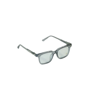 A pair of stylish gray eyeglasses with square frames and clear lenses, displayed on a white background.