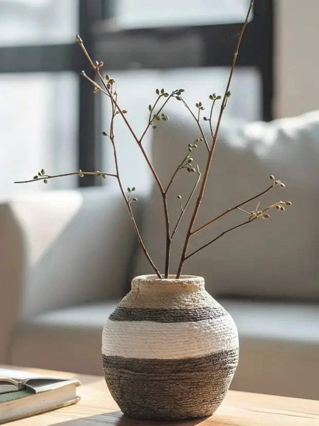 "Time" wabi-sabi style ceramic vase with textured earth-tone glaze, featuring minimalist handmade design and natural branches, styled in a calm modern interior.