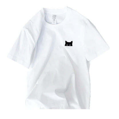 Unisex white cotton t-shirt with cute cat print, soft and breathable casual tee for men and women, perfect for everyday comfort and playful style.