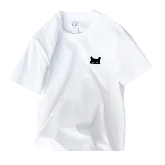 Unisex white cotton t-shirt with cute cat print, soft and breathable casual tee for men and women, perfect for everyday comfort and playful style.