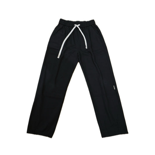 Black drawstring lounge pants with a comfortable fit and side pockets, featuring a white drawstring for adjustable waist.
