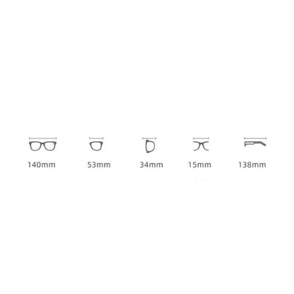 A visual guide showing eyeglass frame measurements: 140mm, 53mm, 34mm, 15mm, and 138mm, represented by simple line drawings.